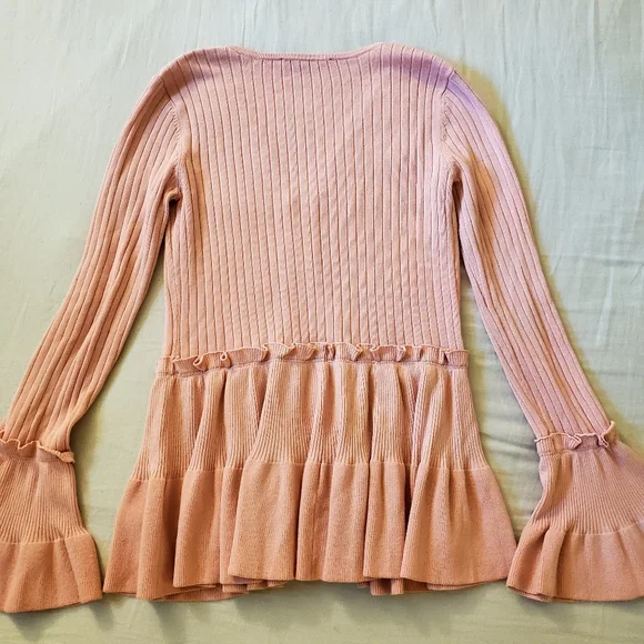 Boston Proper XS Pink Ribbed Knit Ruffled Peplum Zipper Front Cardigan - Picture 9 of 9